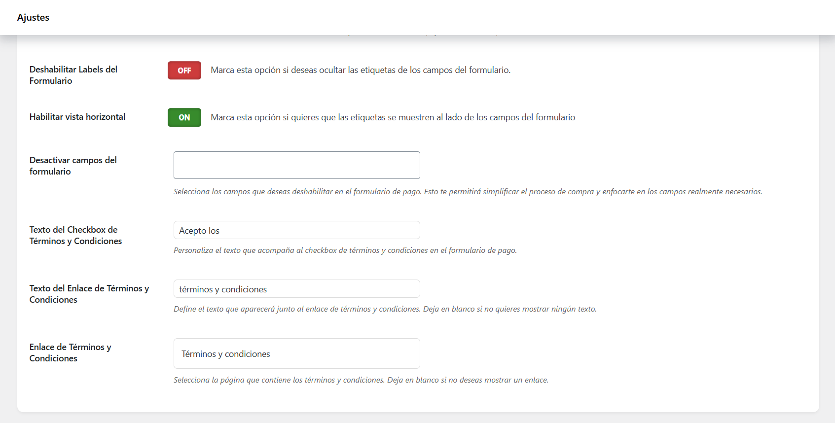 Sección de ajustes del carrito de compras