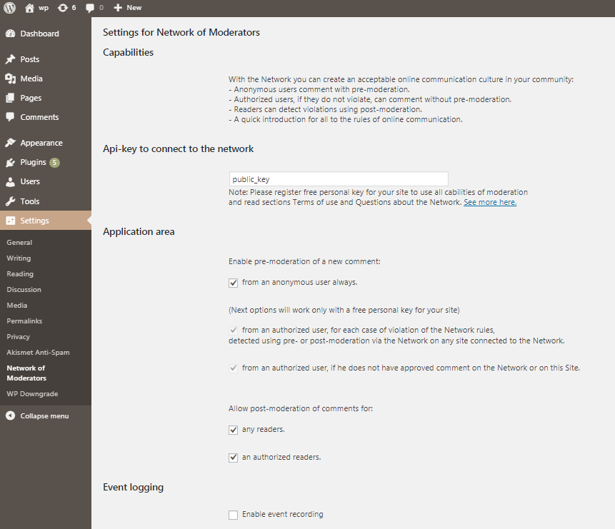 Admin settings for network of moderators.