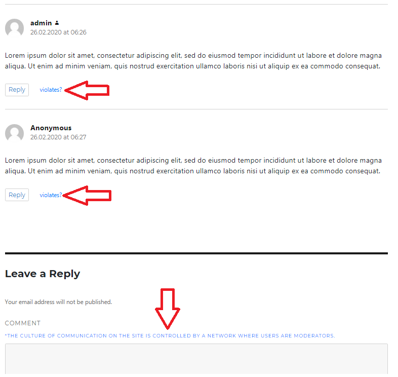 Frontend links for send comment to moderation.