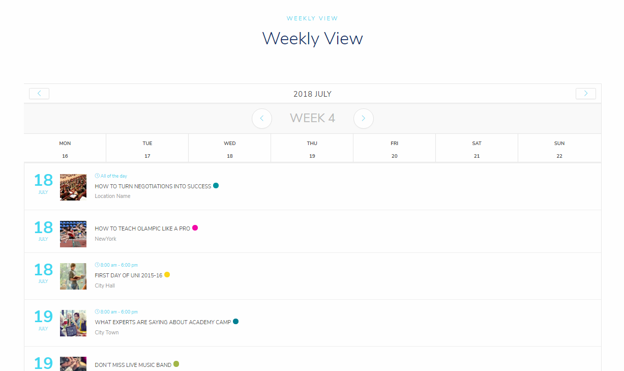 WordPress Event Calendar - General Calendar view