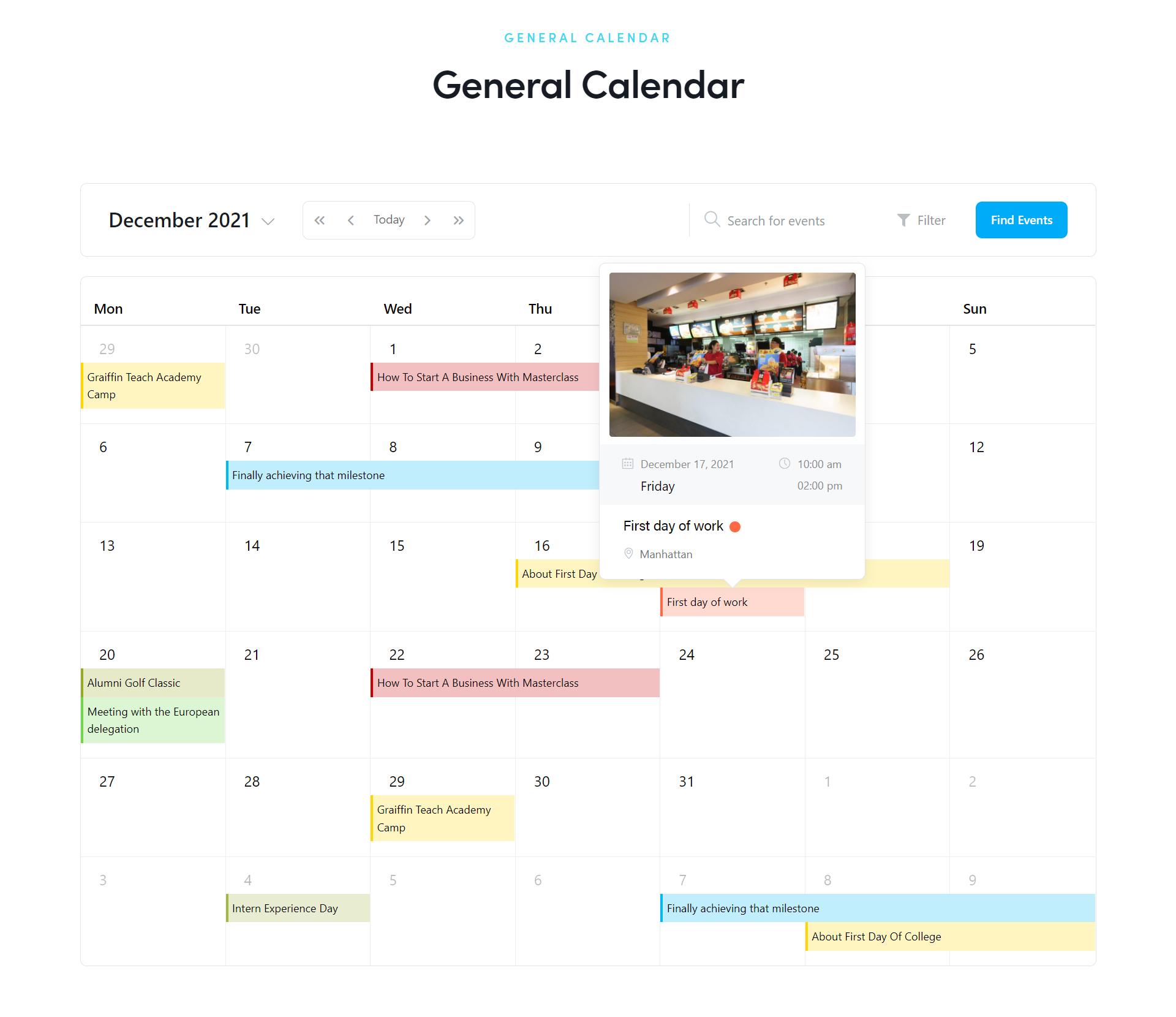 WordPress Event Calendar - Shortcode edit page
