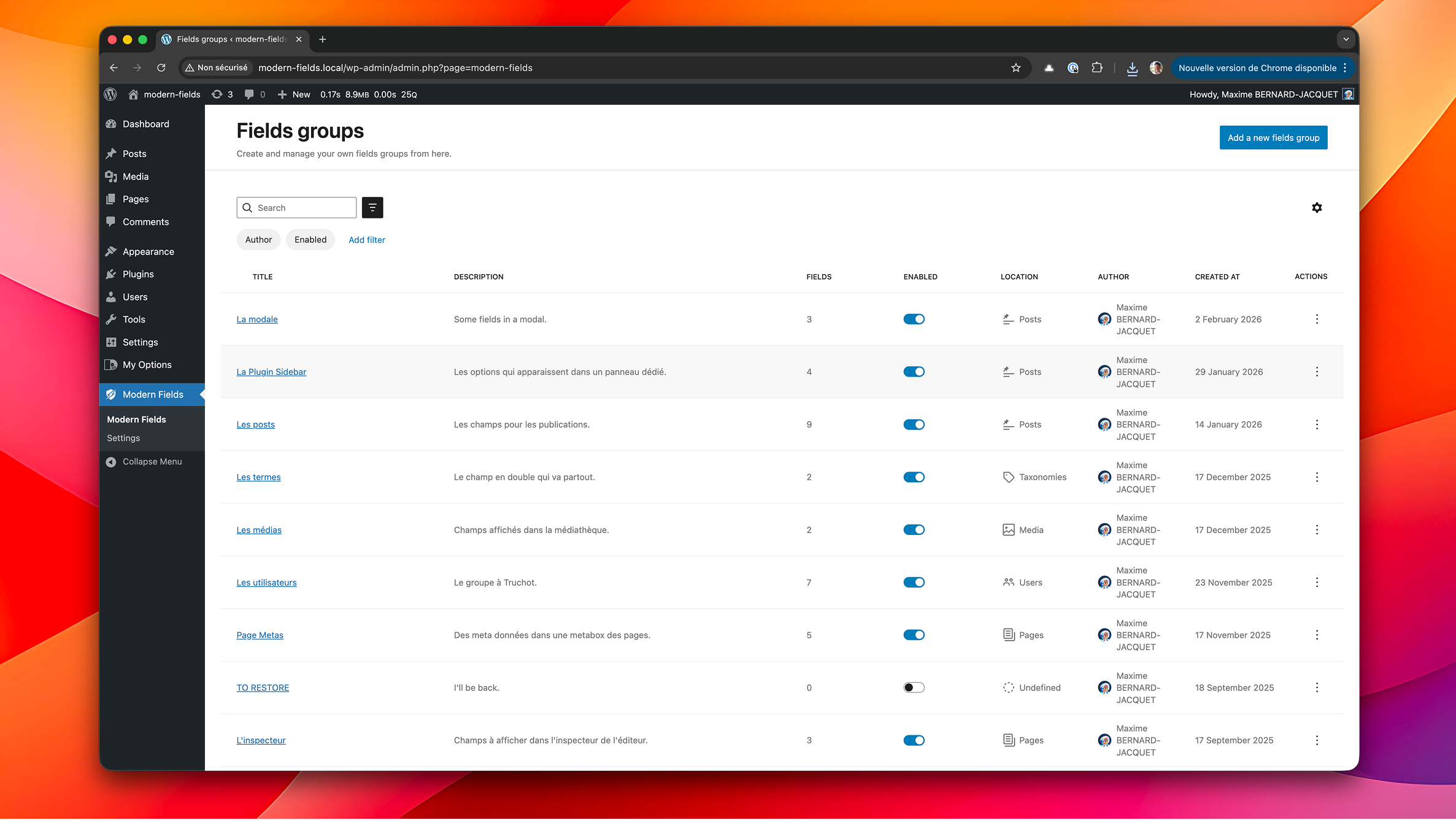 The field groups list page