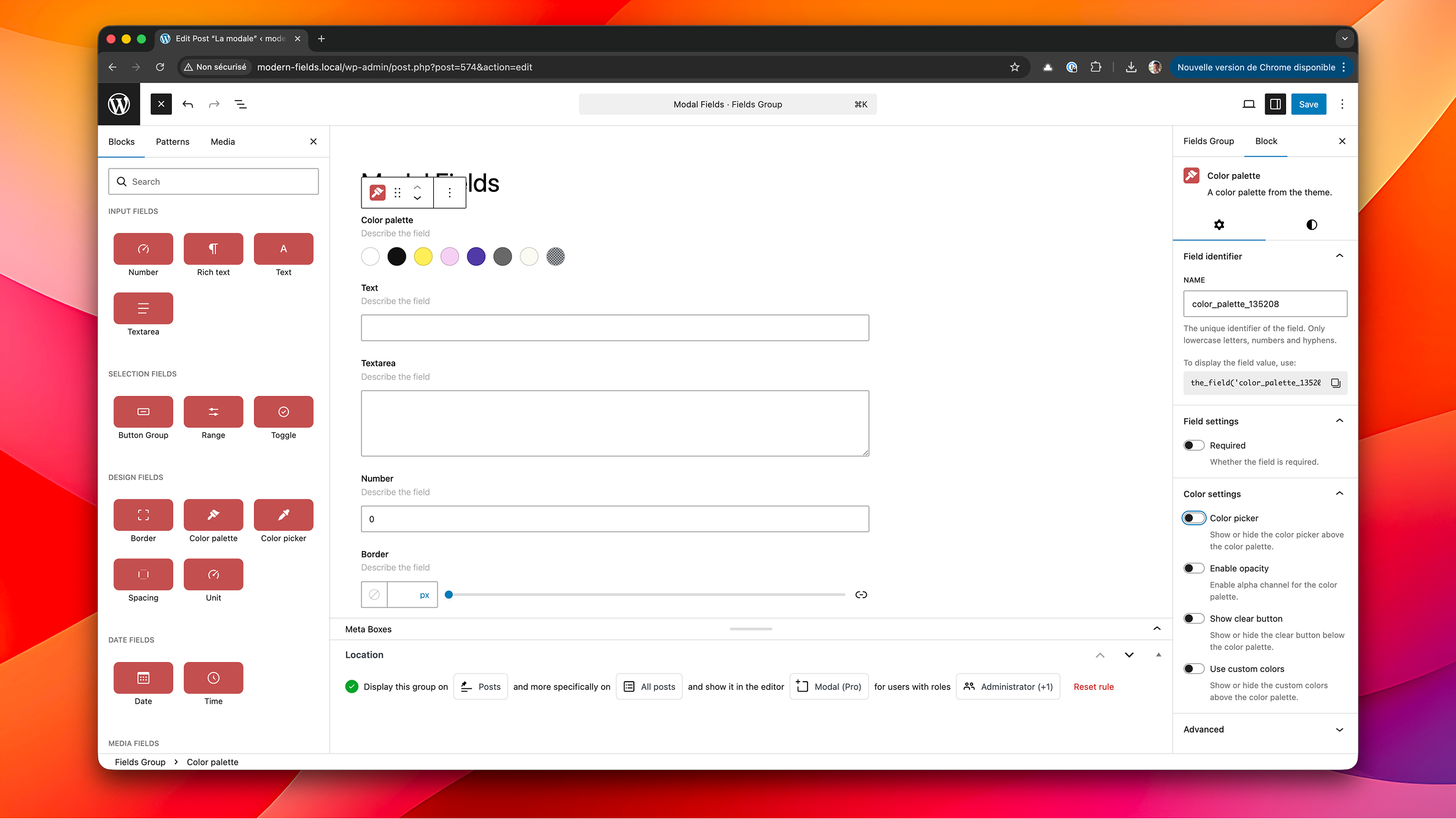 The block editor showing contextual field blocks alongside content.