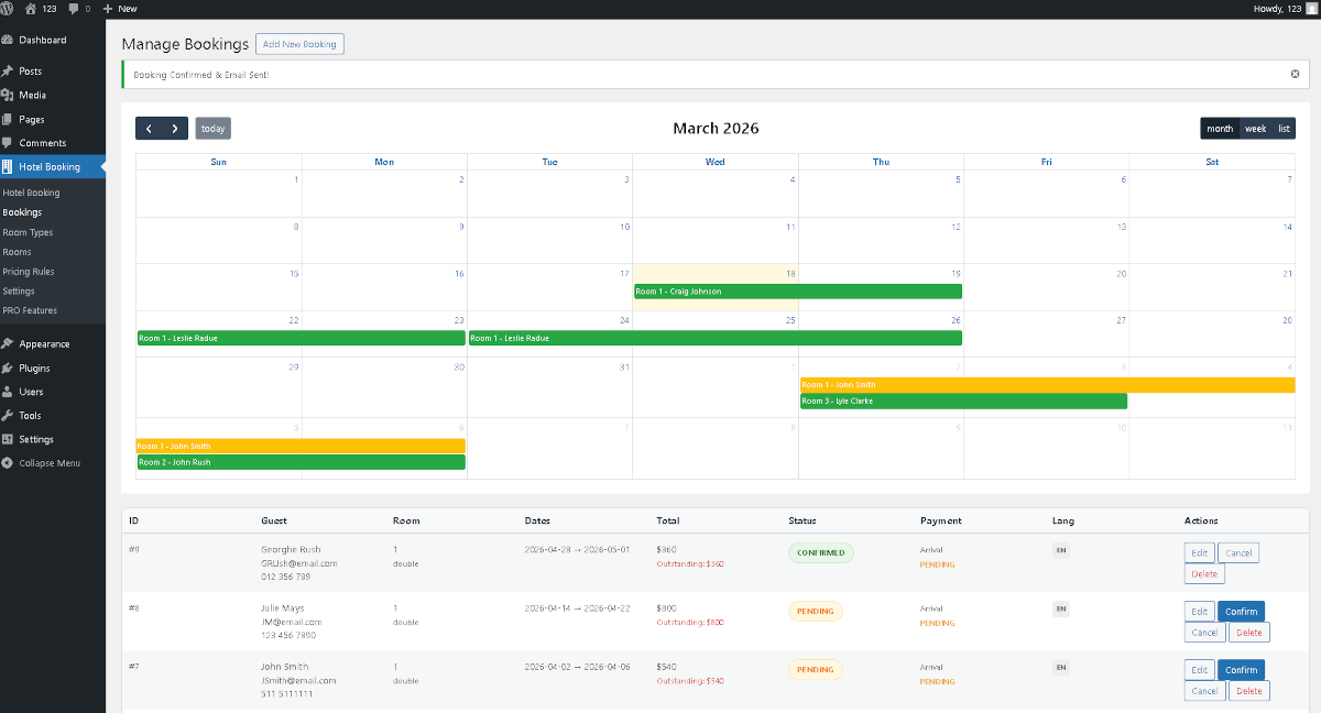 **Admin Dashboard** — Overview of upcoming bookings and revenue.