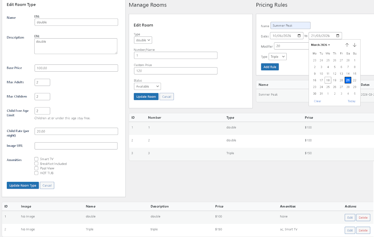 **Room Management** — Easy setup for room types, capacity, and base pricing.