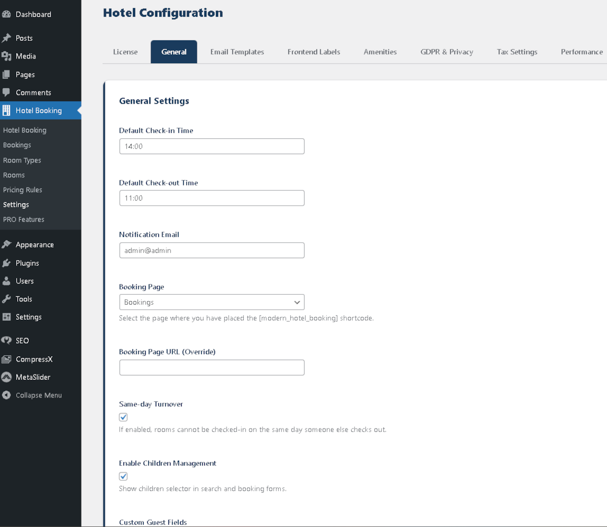 **Settings Panel** — Extensive configuration for emails, currencies, and rules.