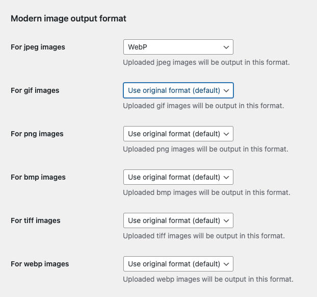 Modern image output format options on `Settings` > `Media` admin page.