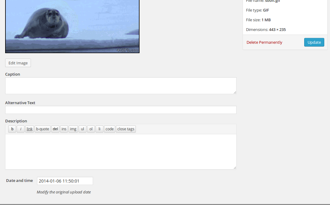 How editing date and time looks on the attachment edit page.