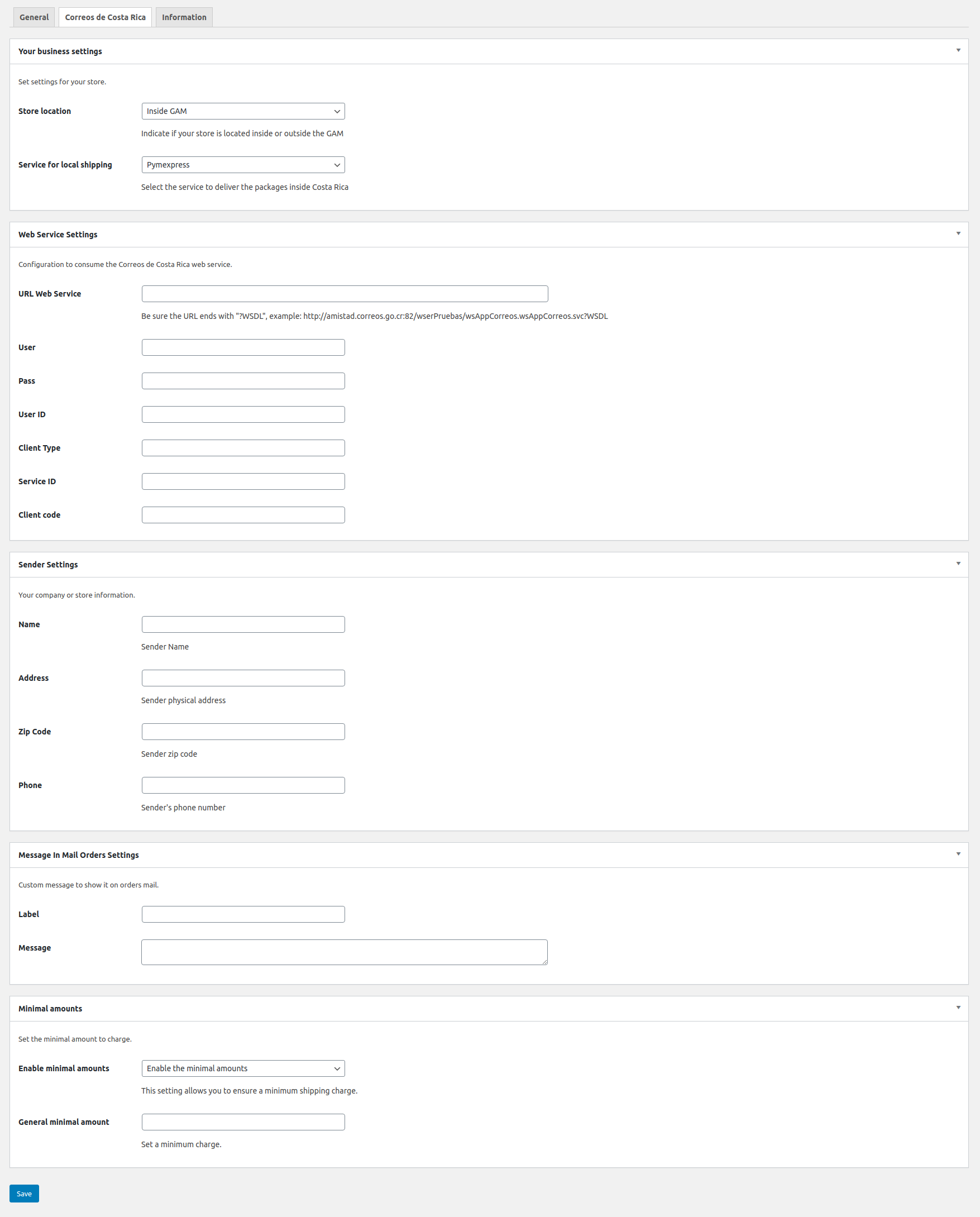 Settings for Correos de Costa Rica