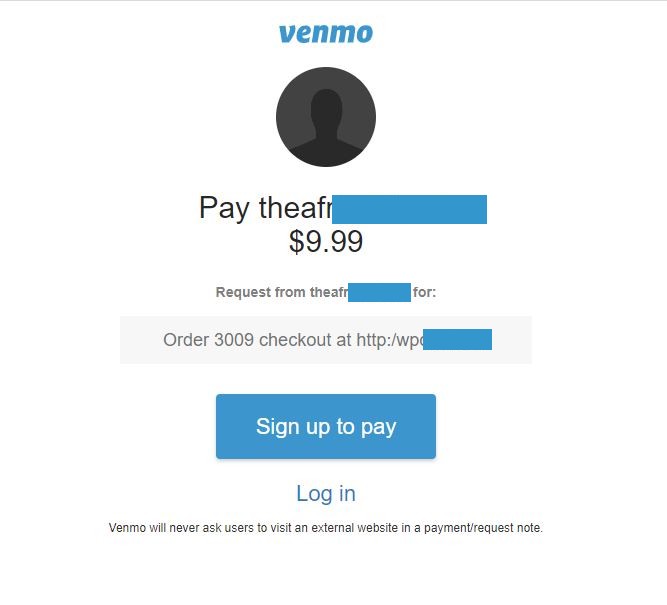 This is where the Venmo link bring the customer with a prefilled order id and URL