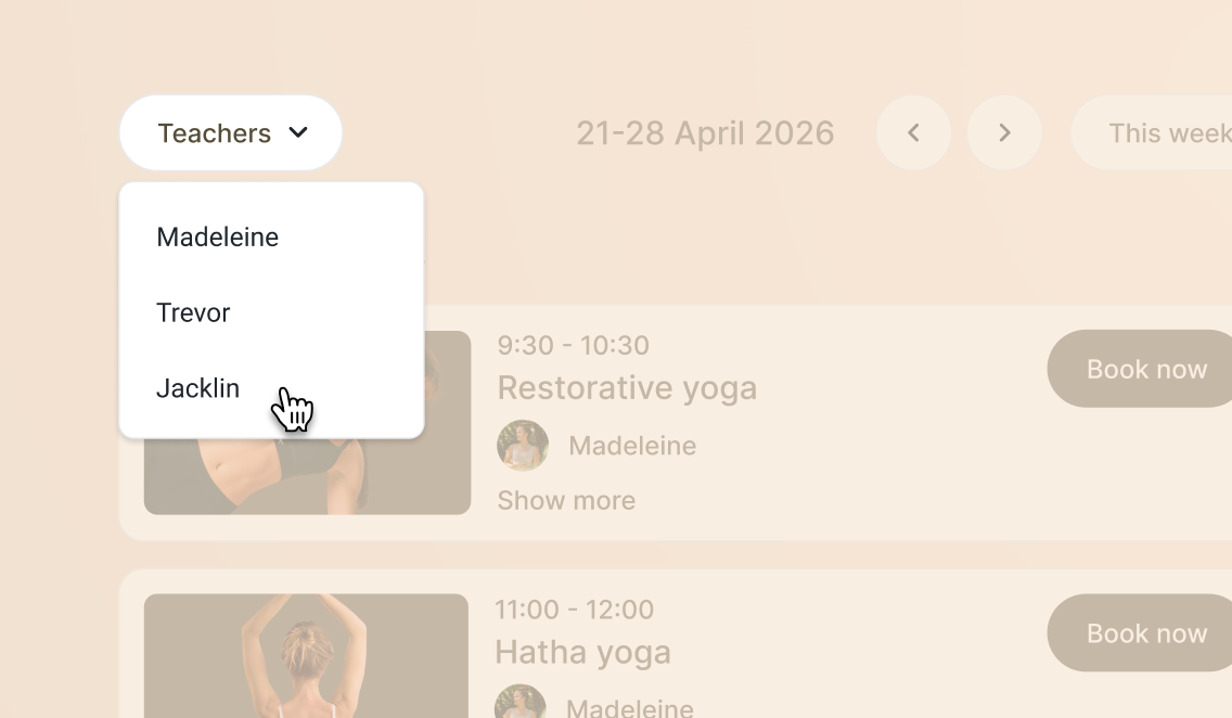 Yogis can filter classes by teacher
