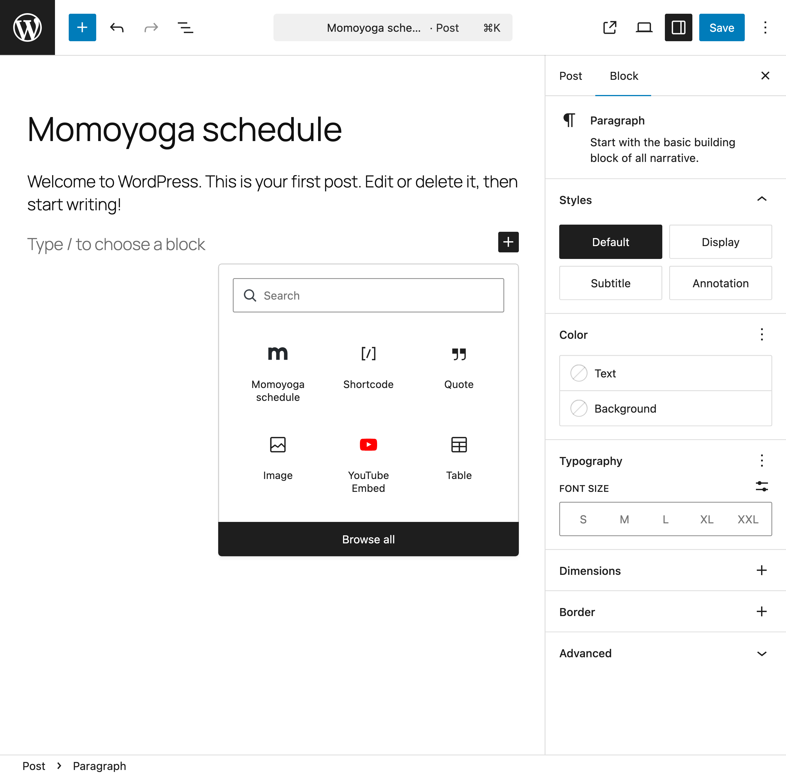 Choose the "Momoyoga Schedule" block in the block editor