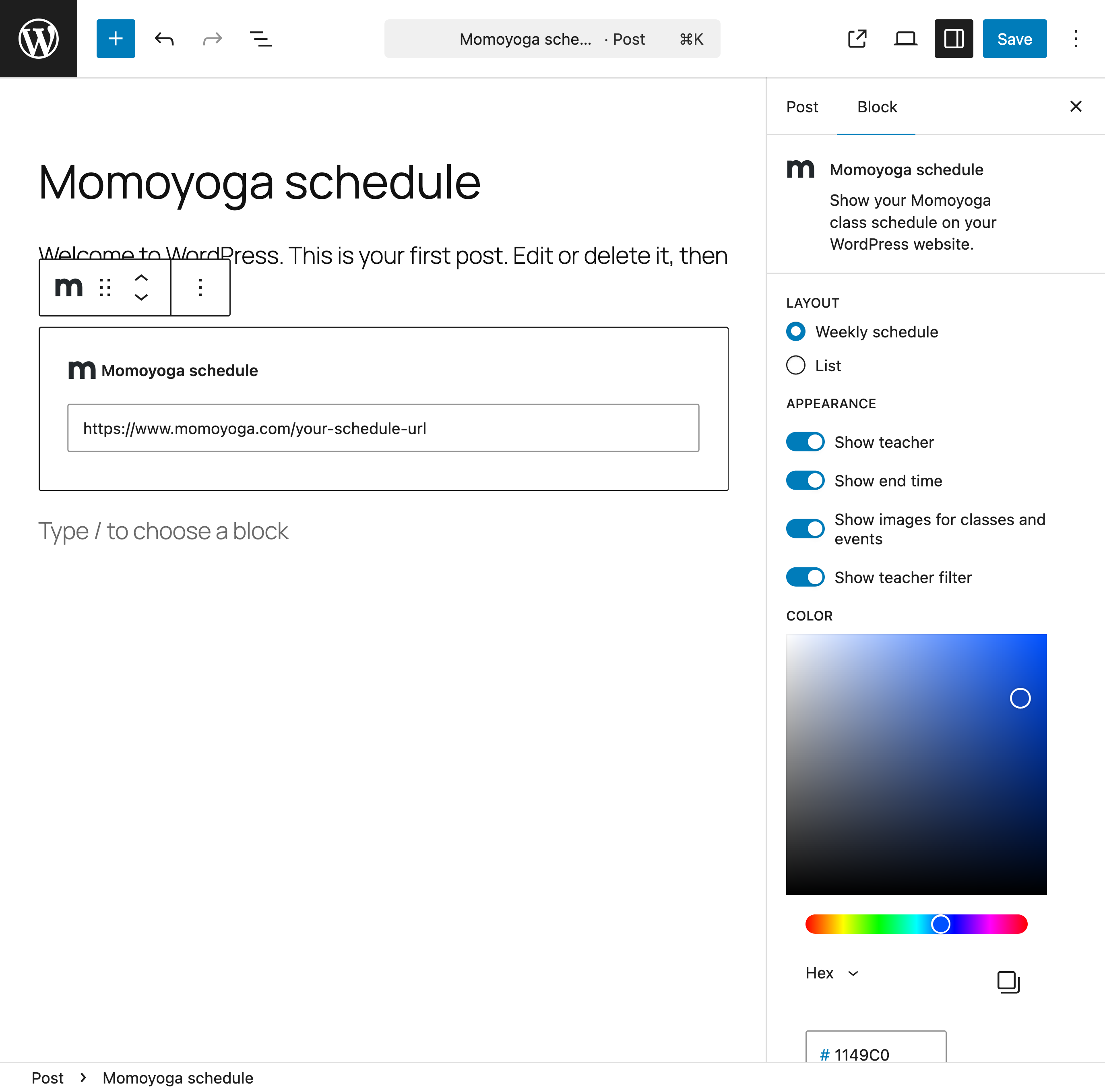 Customise the schedule in the block settings