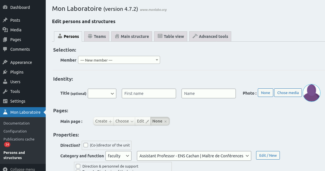 Persons and structures edition page