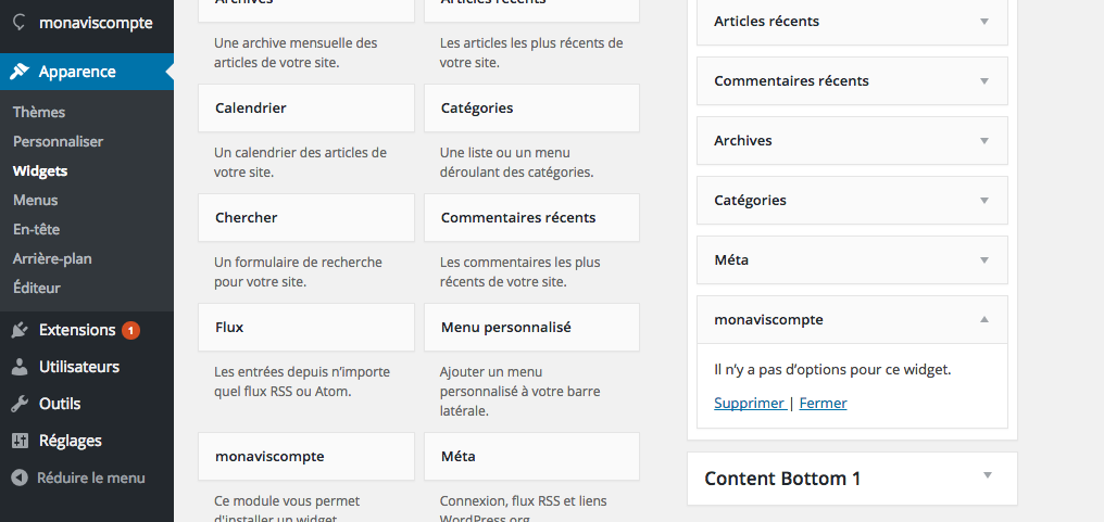 Add the monaviscompte widget to the sidebar widgets.