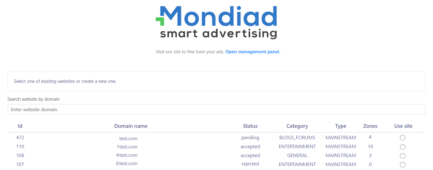 Search for your desired website from a list of websites available to you