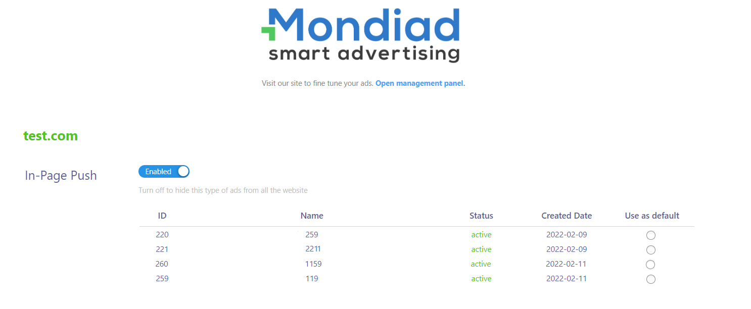Configure your ad zones, which may be In-Page Push, Classic Push, or Native, Banner, Dynamic, Interstitials.