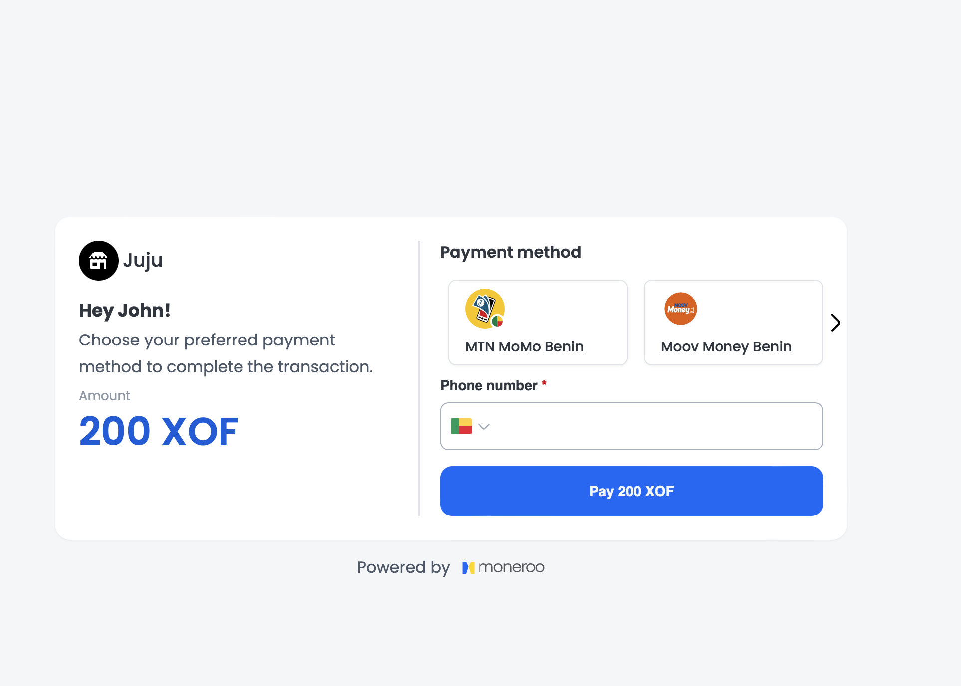 Moneroo checkout screen with payment options