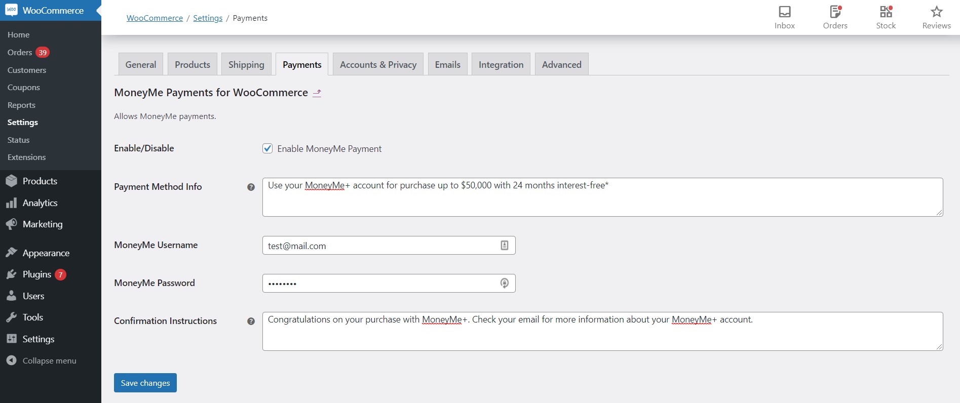 Example of the configuration\'s settings.
