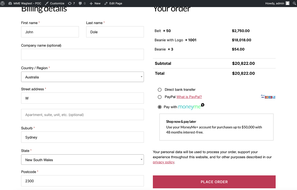 Sample store checkout payment method with MoneyMe+
