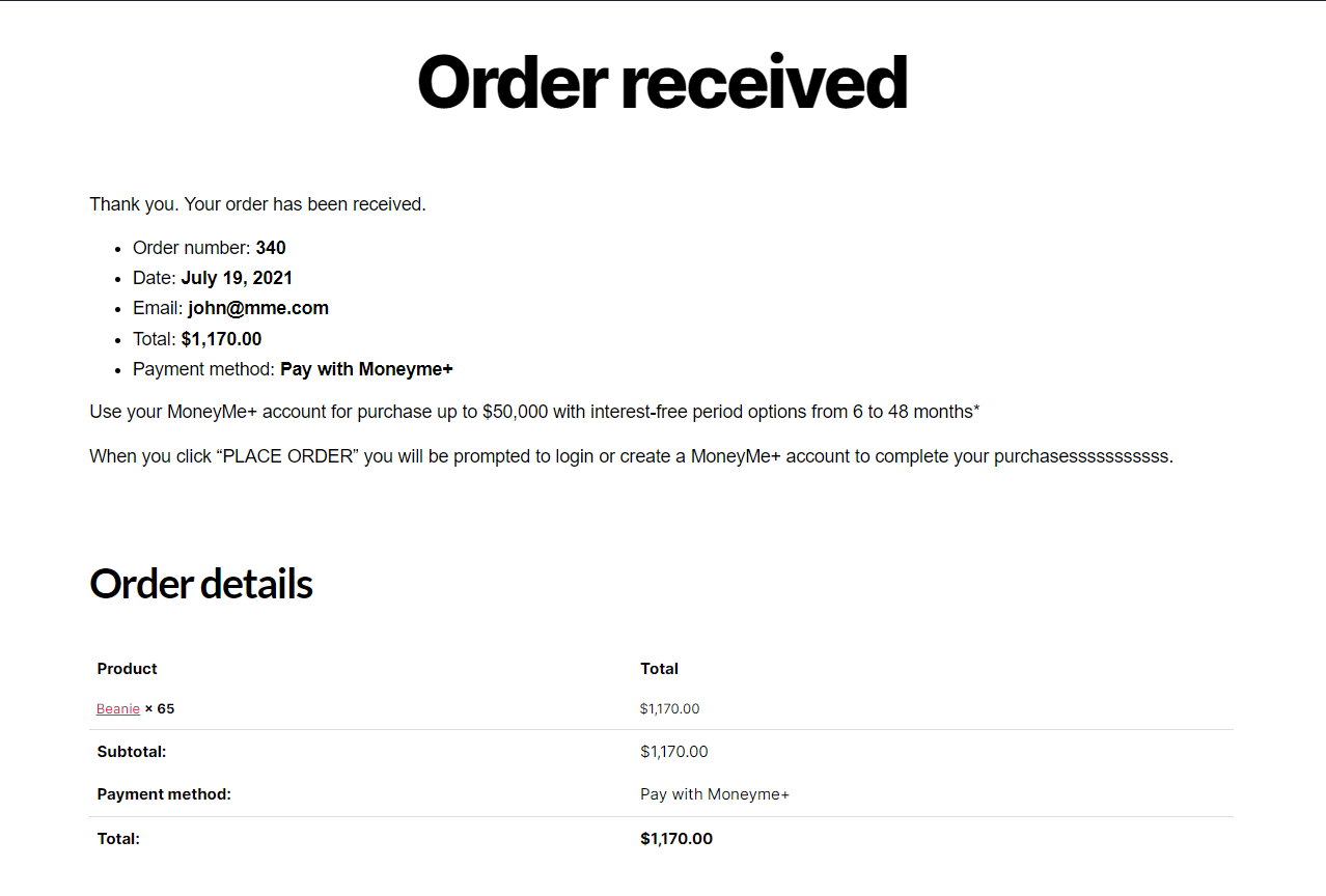 Sample of order received confirmation.