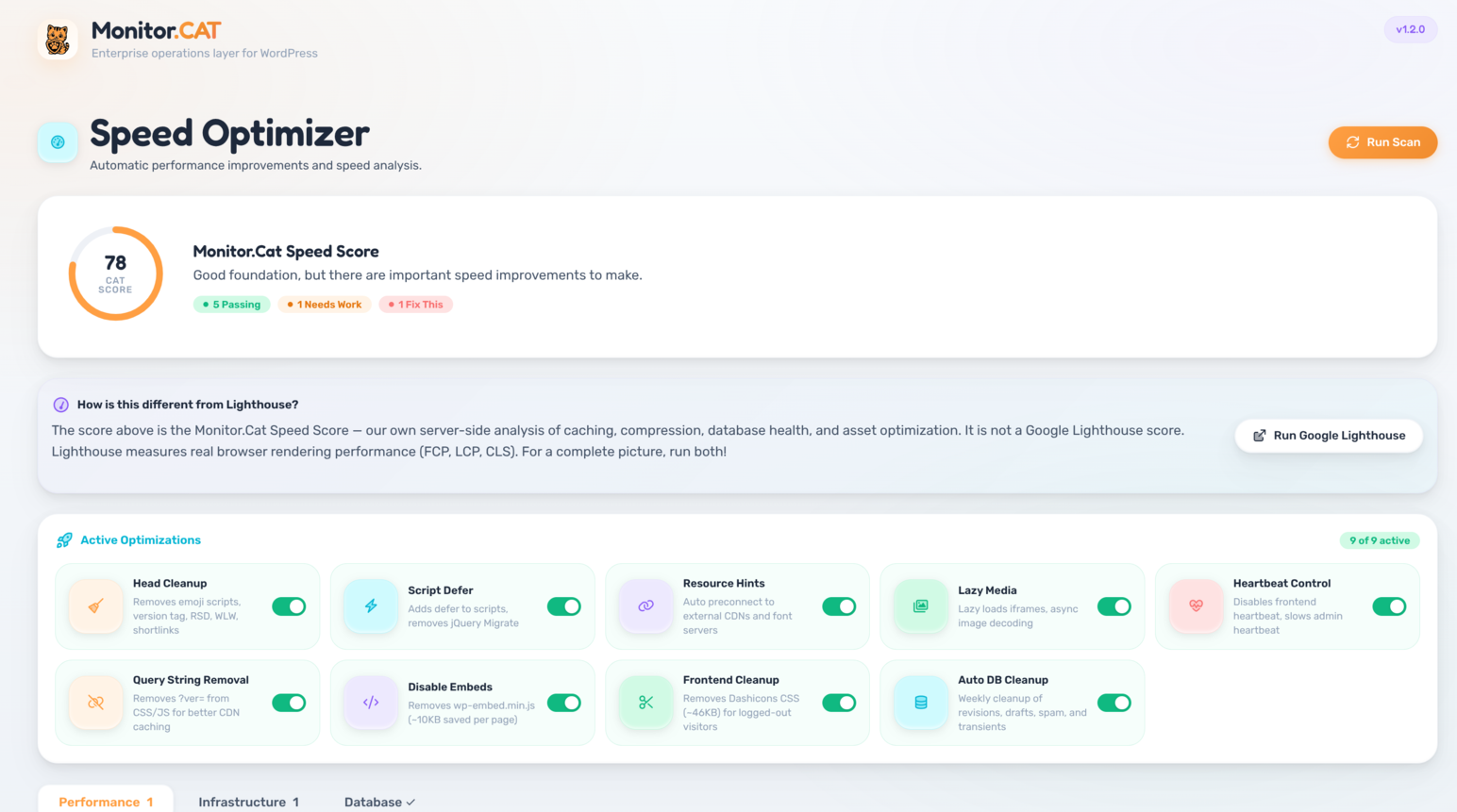 Speed Optimizer with Cat Score, server-side analysis, and database cleanup