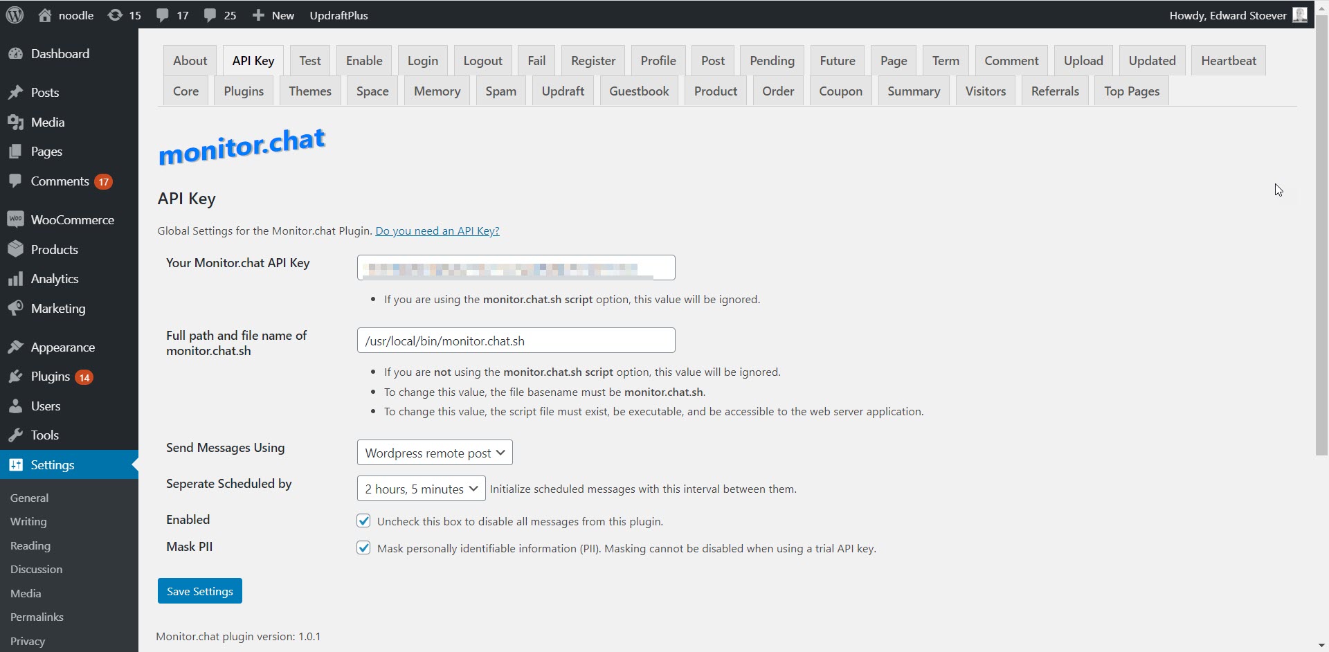The Monitor.chat administration API Key screen.