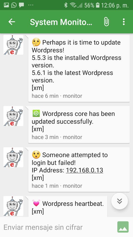 Example 1 of mobile device receiving messages from WordPress.