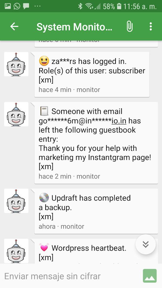 Example 2 of mobile device receiving messages from WordPress.