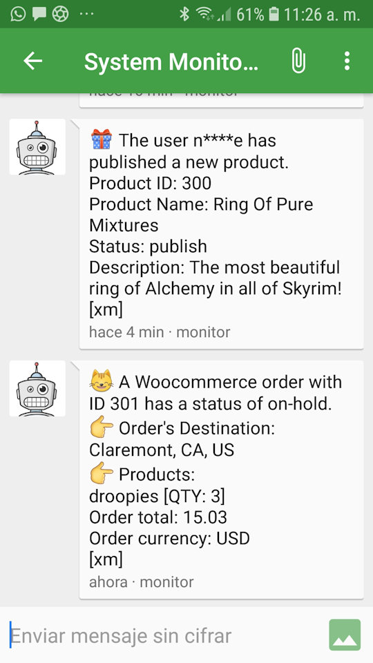 Example 3 of mobile device receiving messages from WordPress.
