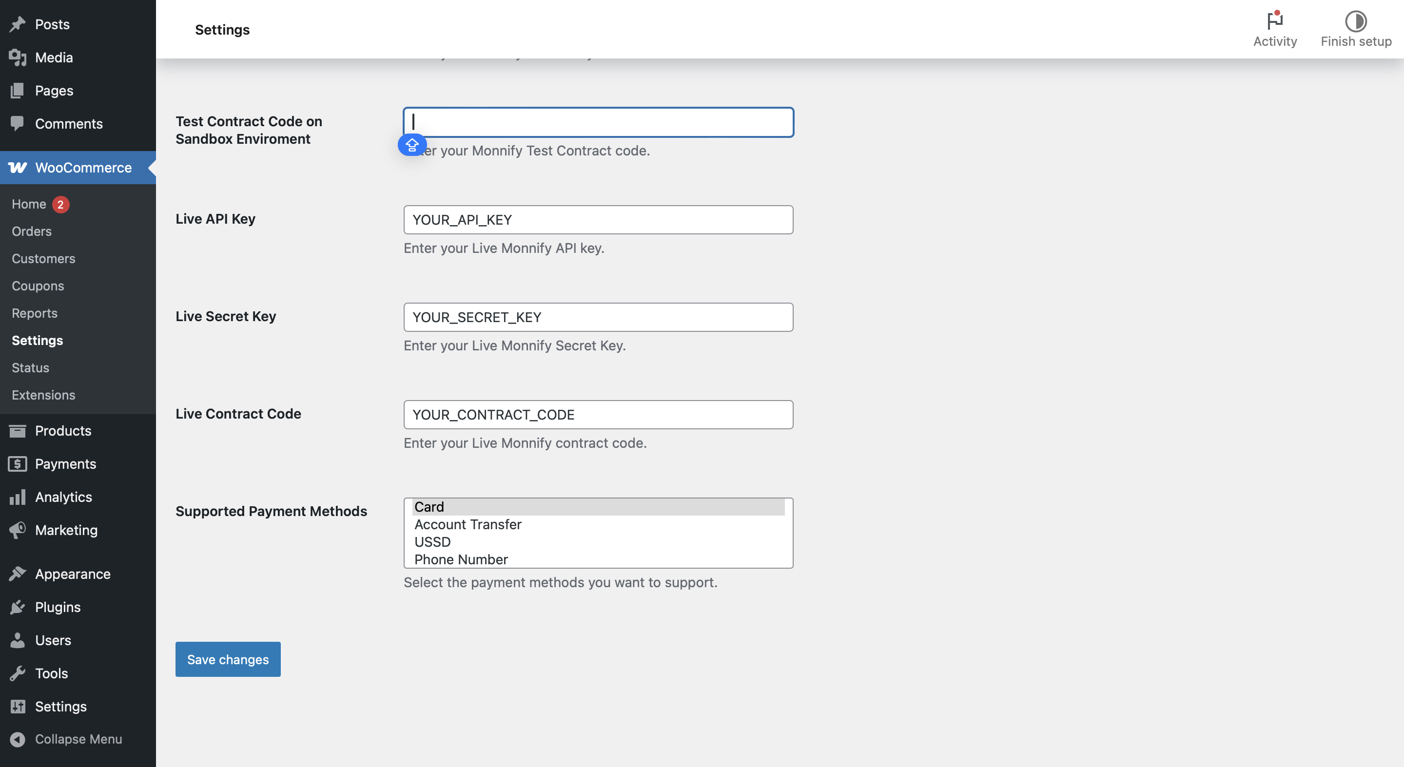 Configuration settings for Monnify payment gateway