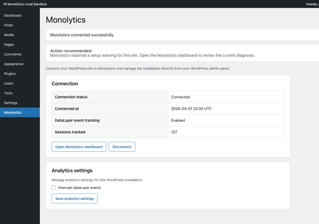 The connected Monolytics plugin page in `wp-admin` with connection status, DataLayer tracking state, sessions tracked, and dashboard handoff.