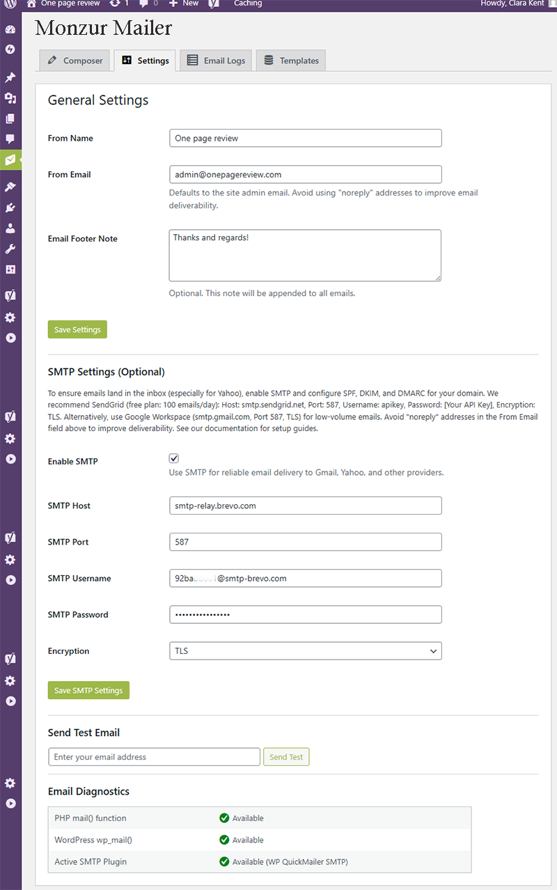 The Settings tab, including General and SMTP configuration.