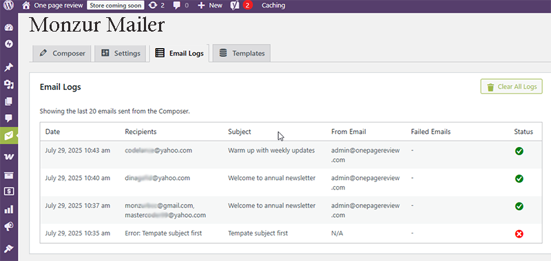 The Email Logs tab, showing a history of sent and failed emails.