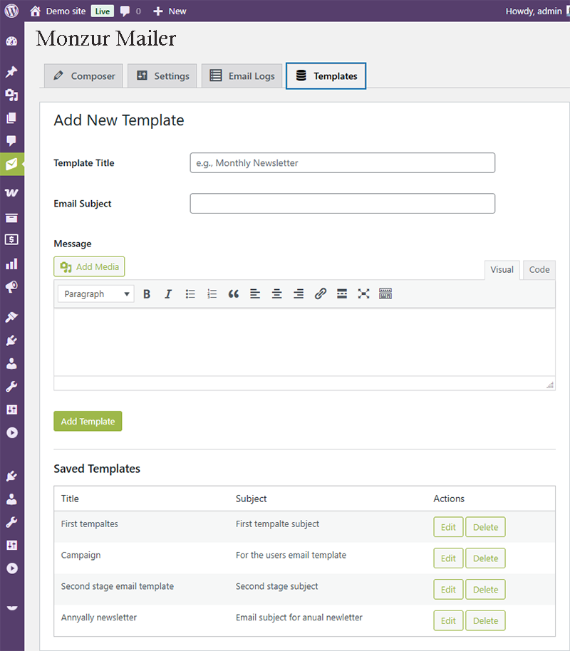 The Templates tab for creating and managing reusable email templates.