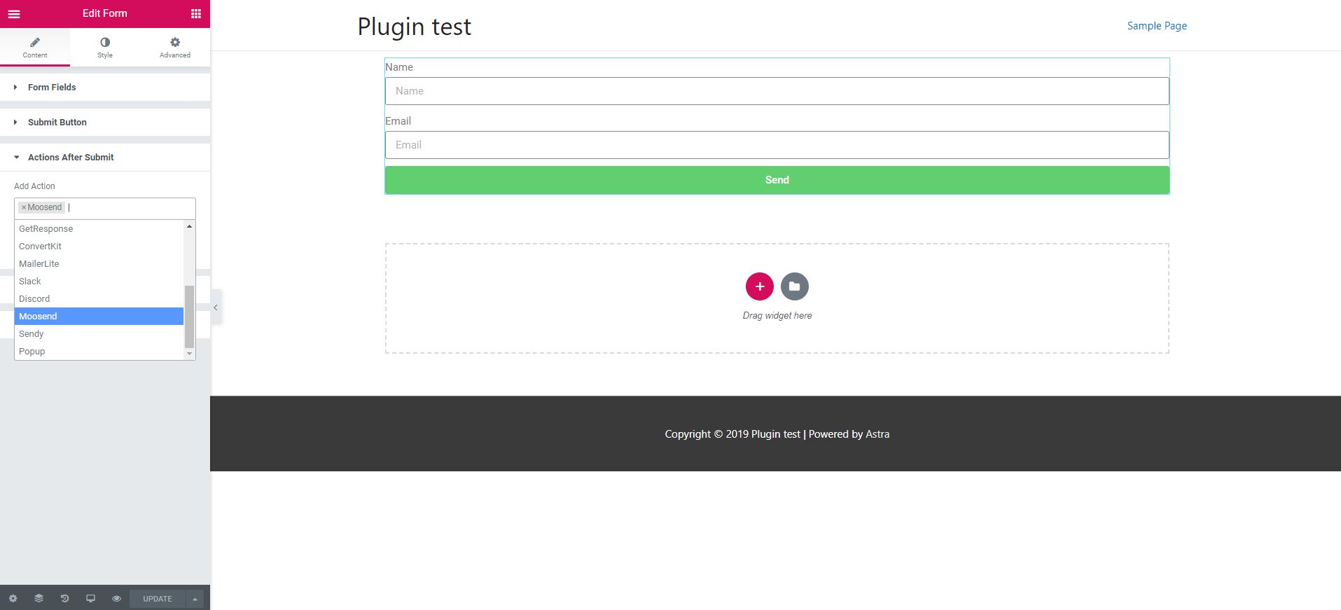 **Select from the Dropdown.** Just select Moosend from the "Actions After Submit" dropdown in the form widget.