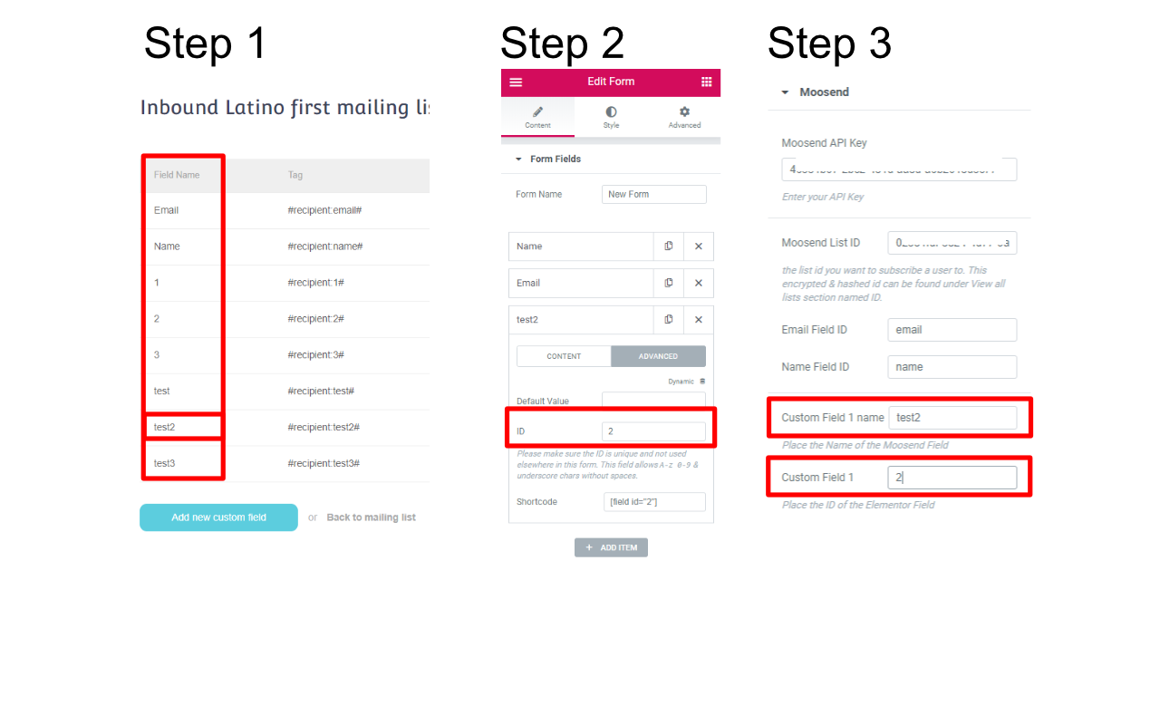 **Custom fields.** You need to get the Name of your Moosend Custom field and match it with the ID of a Elementor Form field.