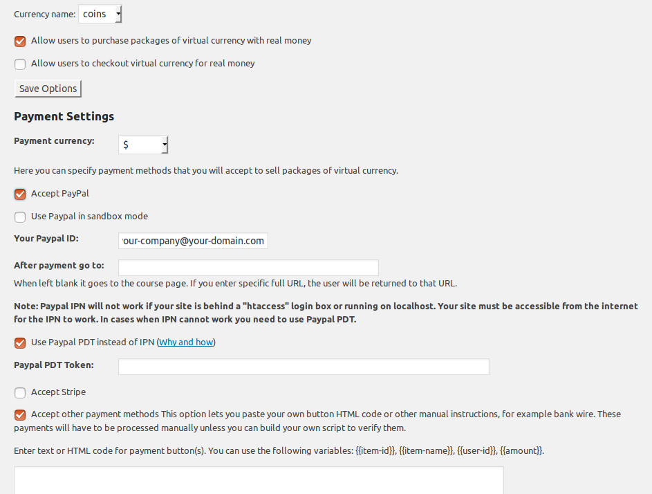 Manage settings and set currency name