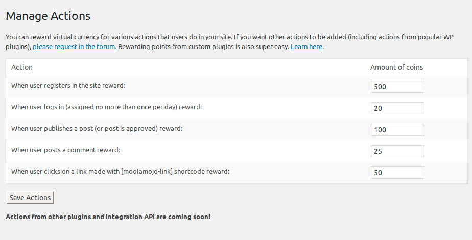 Reward virtual credits for performing various actions in WordPress