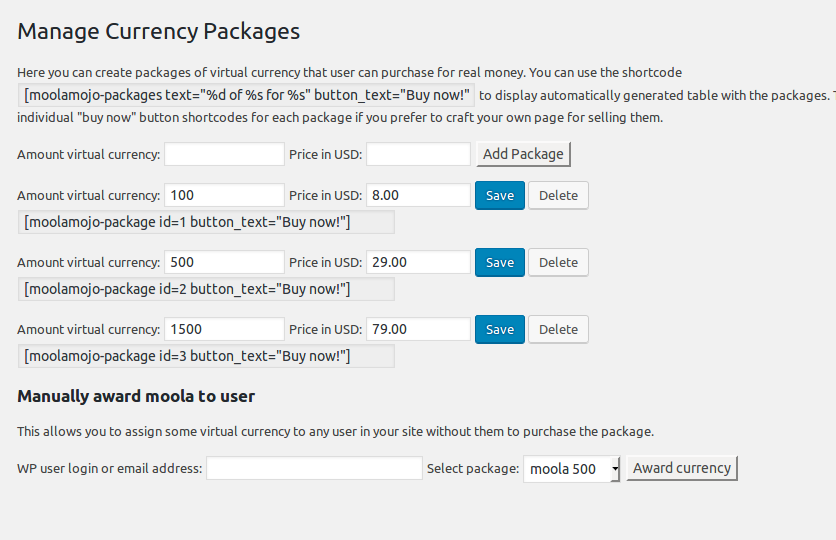 Sell packages of virtual credits