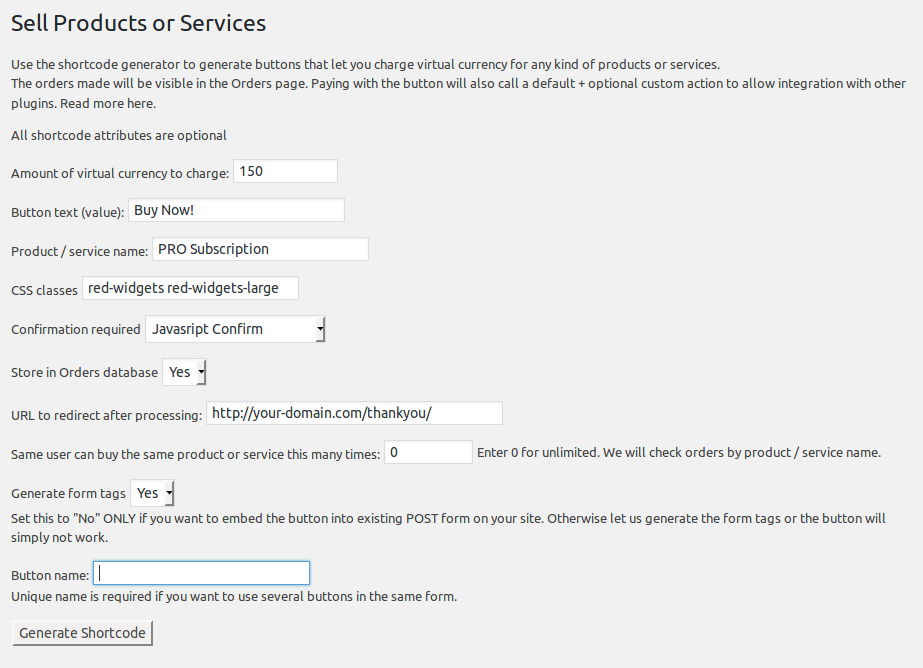 Generate shortcodes for buttons to sell products or services for virtual credits