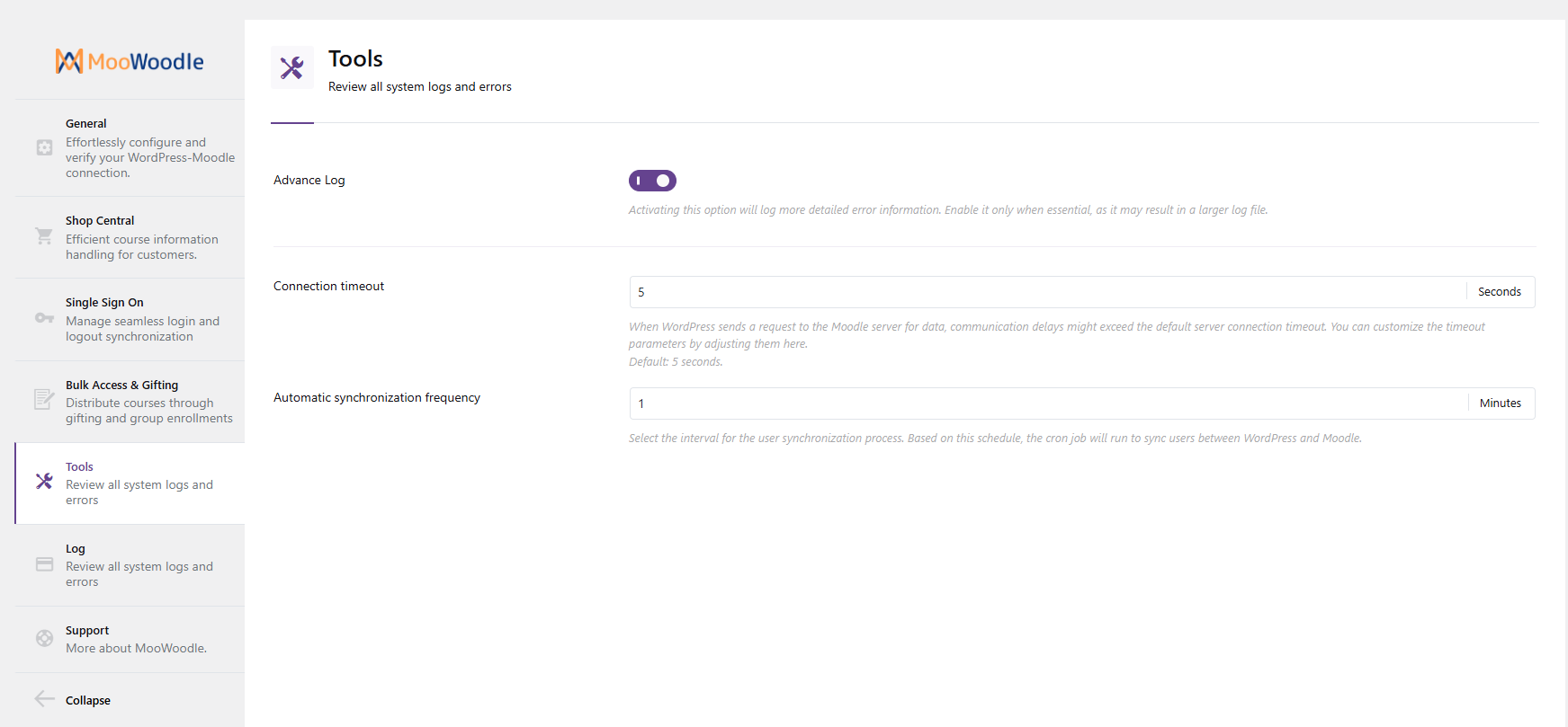 Enter your Moodle Site URL and Moodle Access Token, then run the test connection.