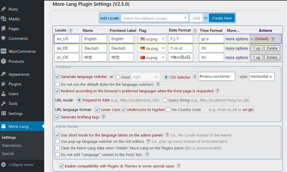 The configuration page. Three languages are configured here("English" & "Deutsch" & "中文", "English" is the default). You can add more languages from the "Add Locale" section. You can get help by hovering on the "?" icon.