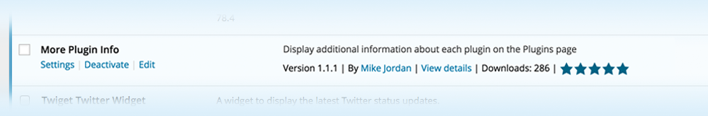 An example plugin as seen on the plugin listing page; note the newly added number of downloads and star rating. Many additional values may be shown as well.