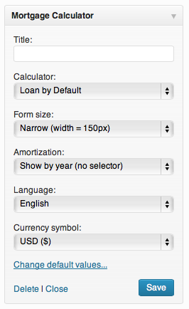 The Mortgage Calculator configuration dialog, as it appears within WordPress Administration Interface.