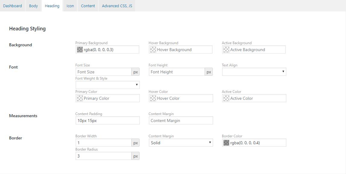 Settings Page (Heading Styling).