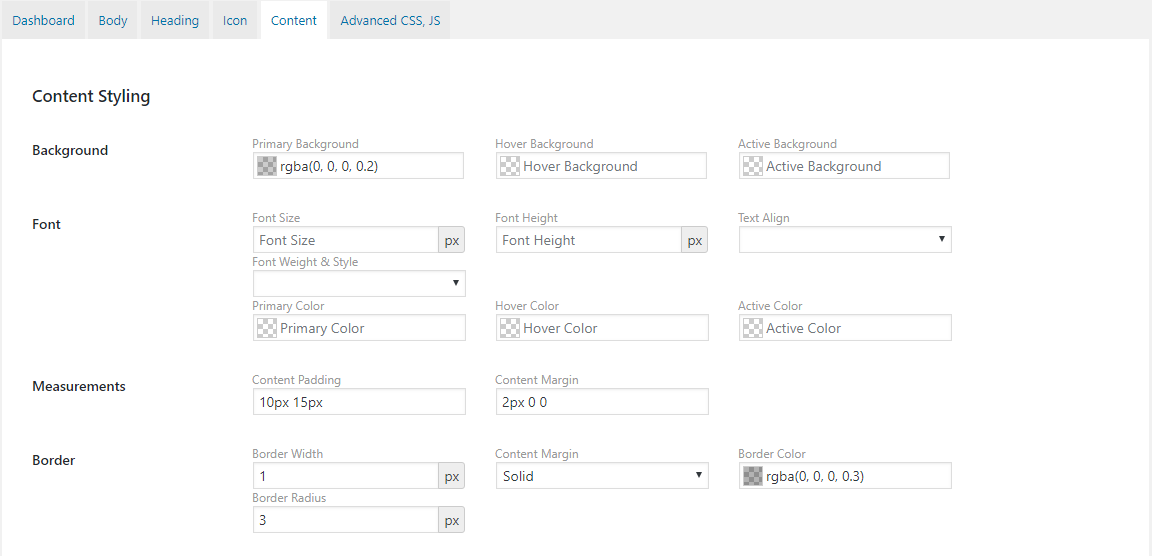 Settings Page (Content Styling).