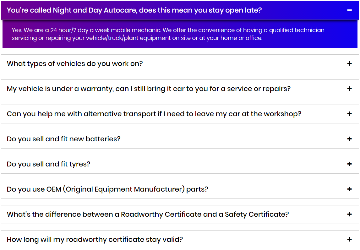 FAQ Demo (Night & Day Autocare).