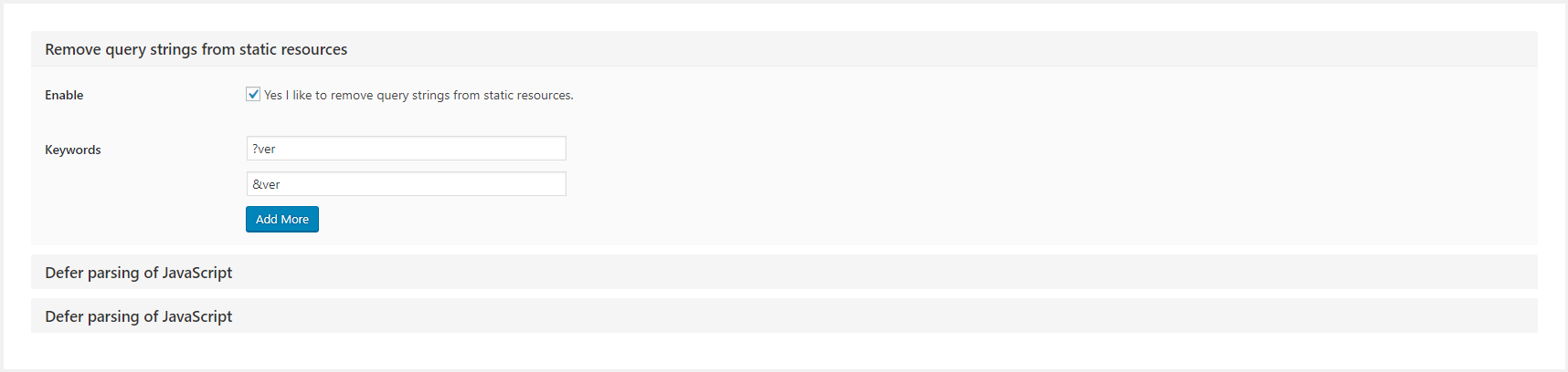 Settings Page (Remove query strings from static resources).