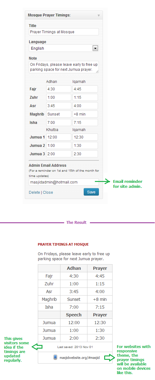 Populate widget form with prayer timings and click "Save".